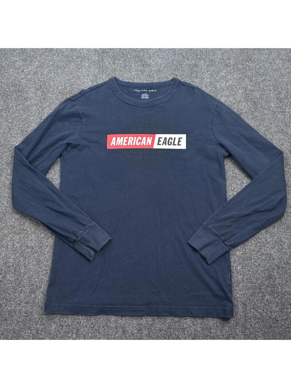 American Eagle Long Sleeve T Shirt Mens Size Small Navy Blue Box Logo Tee